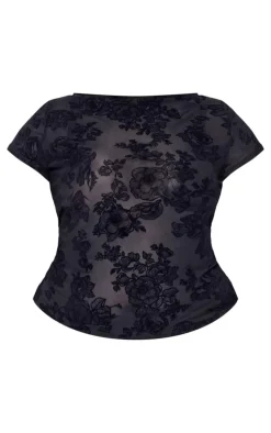 Plus Black Devore Longline Fitted T Shirt