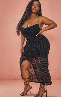 Plus Black Devore Ruched Cowl Neck Midi Dress