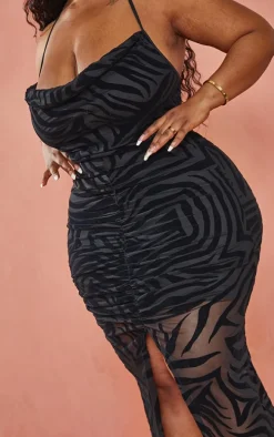 Plus Black Devore Ruched Cowl Neck Midi Dress