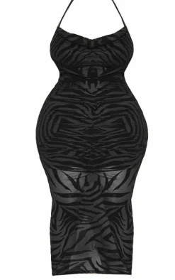 Plus Black Devore Ruched Cowl Neck Midi Dress