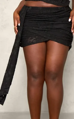 Plus Black Devore Ruched Drape Detail Mini Skirt