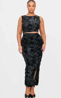 Plus Black Devore Ruched Maxi Skirt