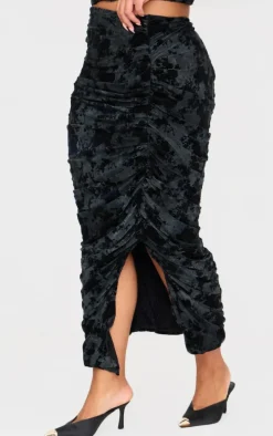 Plus Black Devore Ruched Maxi Skirt