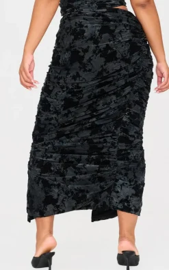 Plus Black Devore Ruched Maxi Skirt