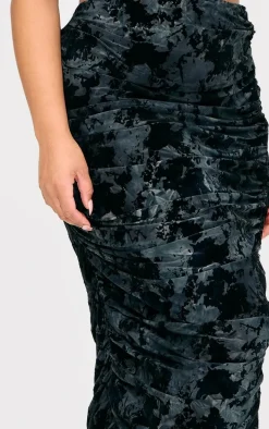 Plus Black Devore Ruched Maxi Skirt