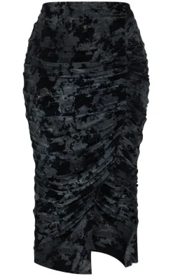 Plus Black Devore Ruched Maxi Skirt