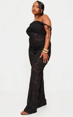 Plus Black Devore Shoulder Tie Jumpsuit