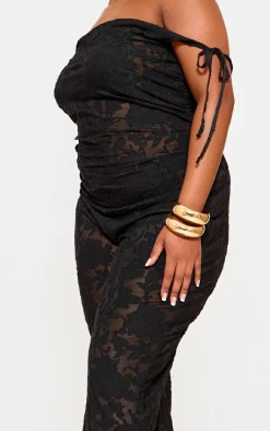 Plus Black Devore Shoulder Tie Jumpsuit