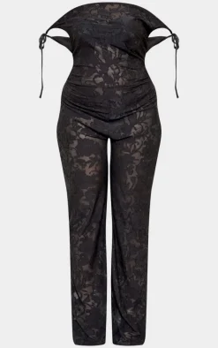 Plus Black Devore Shoulder Tie Jumpsuit