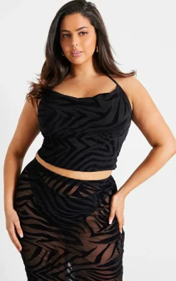 Plus Black Devore Zebra Print Cowl Neck Top