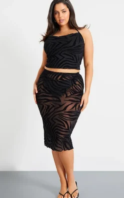 Plus Black Devore Zebra Print Midi Skirt