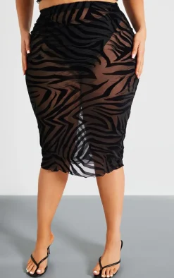 Plus Black Devore Zebra Print Midi Skirt