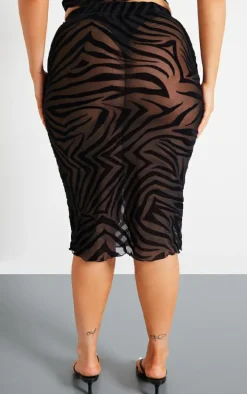 Plus Black Devore Zebra Print Midi Skirt