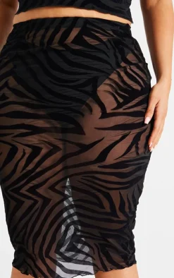 Plus Black Devore Zebra Print Midi Skirt