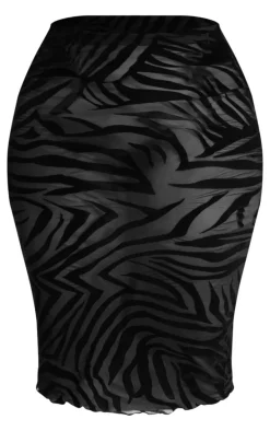 Plus Black Devore Zebra Print Midi Skirt
