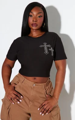 Plus Black Diamante Cross Cropped T-shirt