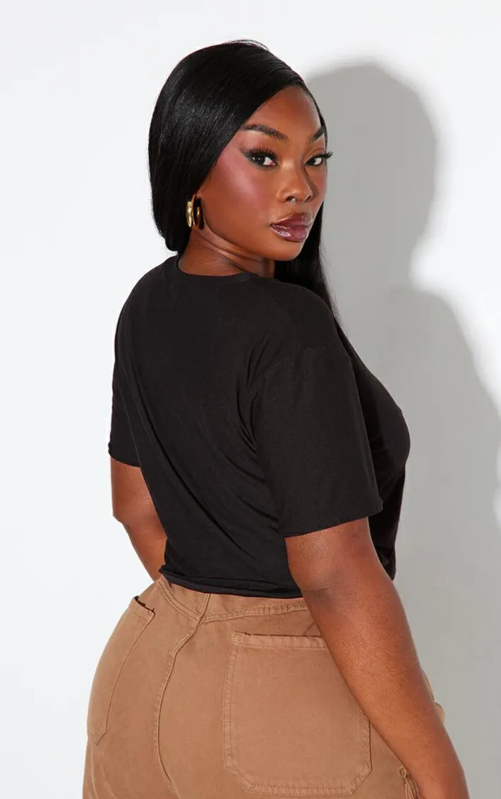 Plus Black Diamante Cross Cropped T-shirt