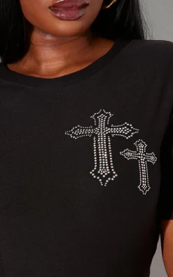 Plus Black Diamante Cross Cropped T-shirt