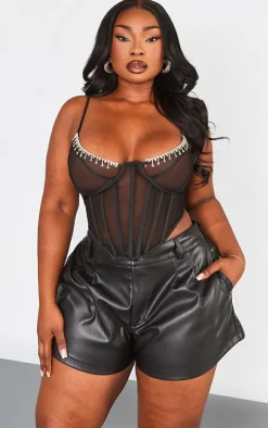 Plus Black Diamante Trim Mesh Corset