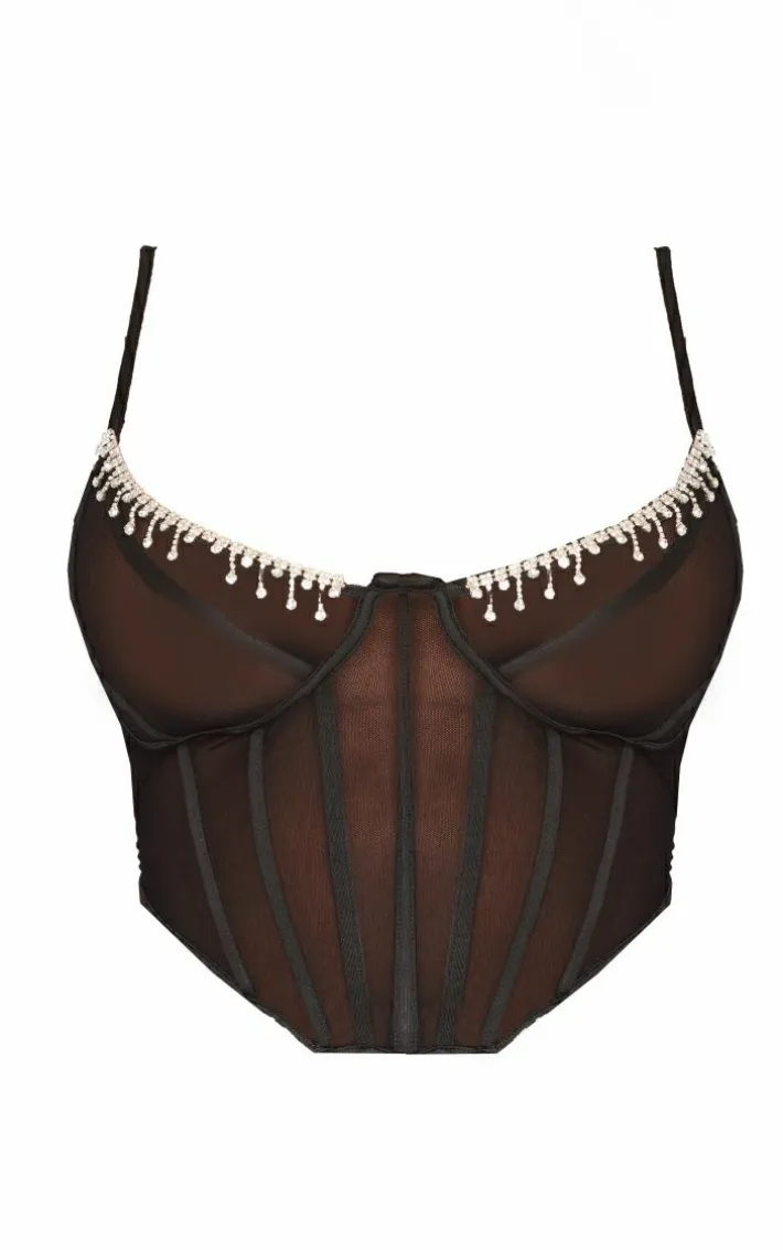 Plus Black Diamante Trim Mesh Corset