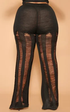 Plus Black Distressed Knitted Straight Leg Pants