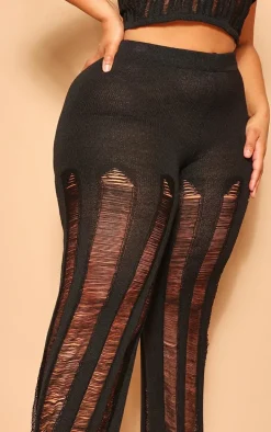 Plus Black Distressed Knitted Straight Leg Pants