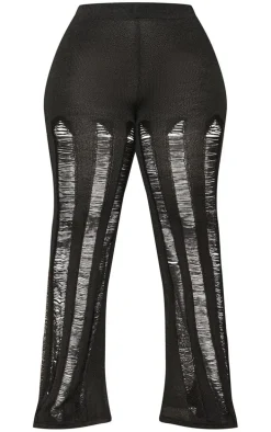 Plus Black Distressed Knitted Straight Leg Pants