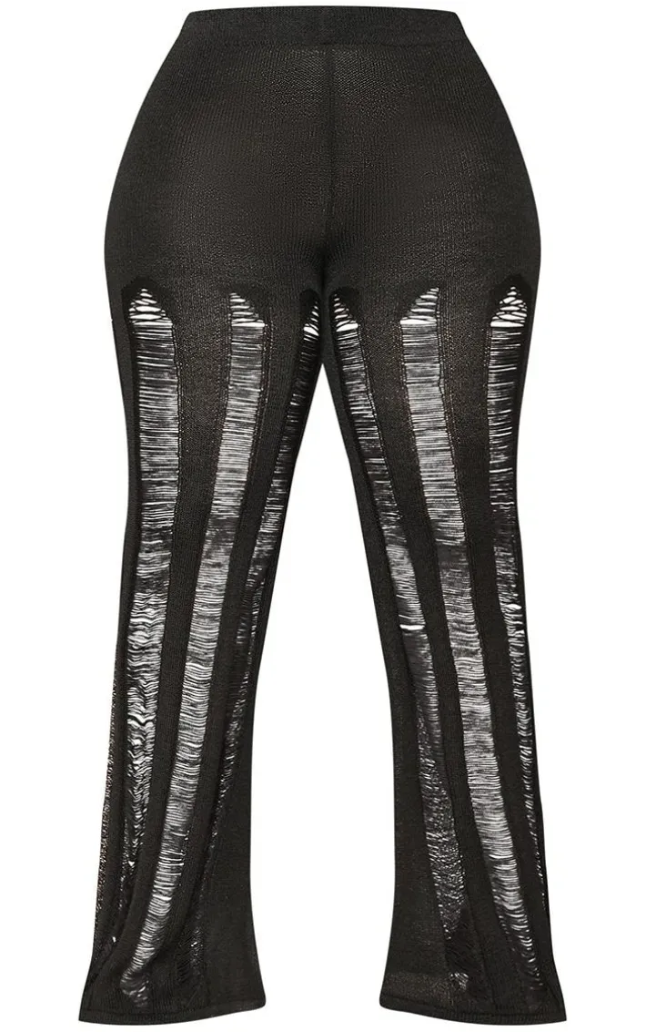 Plus Black Distressed Knitted Straight Leg Pants