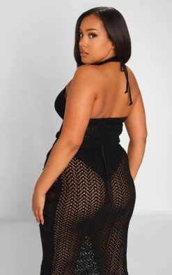 Plus Black Distressed Knit Halter Neck Crop Top