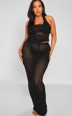 Plus Black Distressed Knit Maxi Skirt