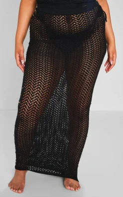 Plus Black Distressed Knit Maxi Skirt