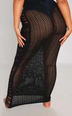 Plus Black Distressed Knit Maxi Skirt