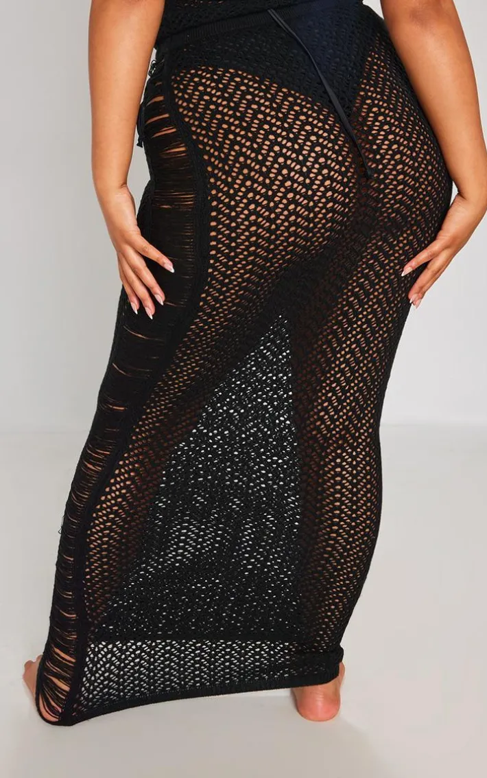 Plus Black Distressed Knit Maxi Skirt