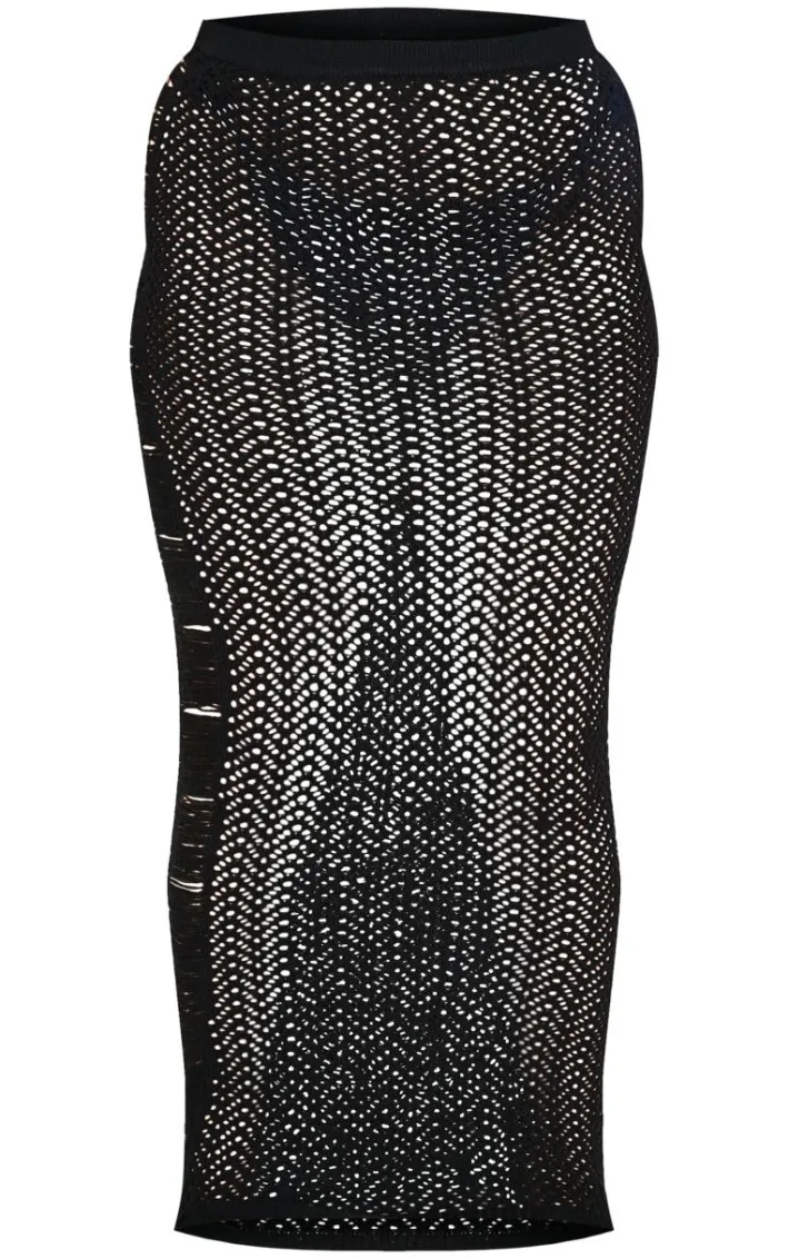 Plus Black Distressed Knit Maxi Skirt