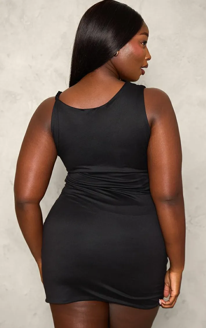 Plus Black Double Contour Twist Strap Ruched Bodycon Dress