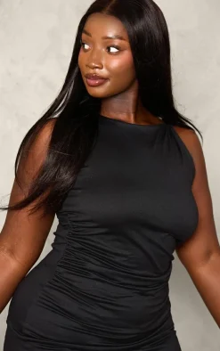 Plus Black Double Contour Twist Strap Ruched Bodycon Dress