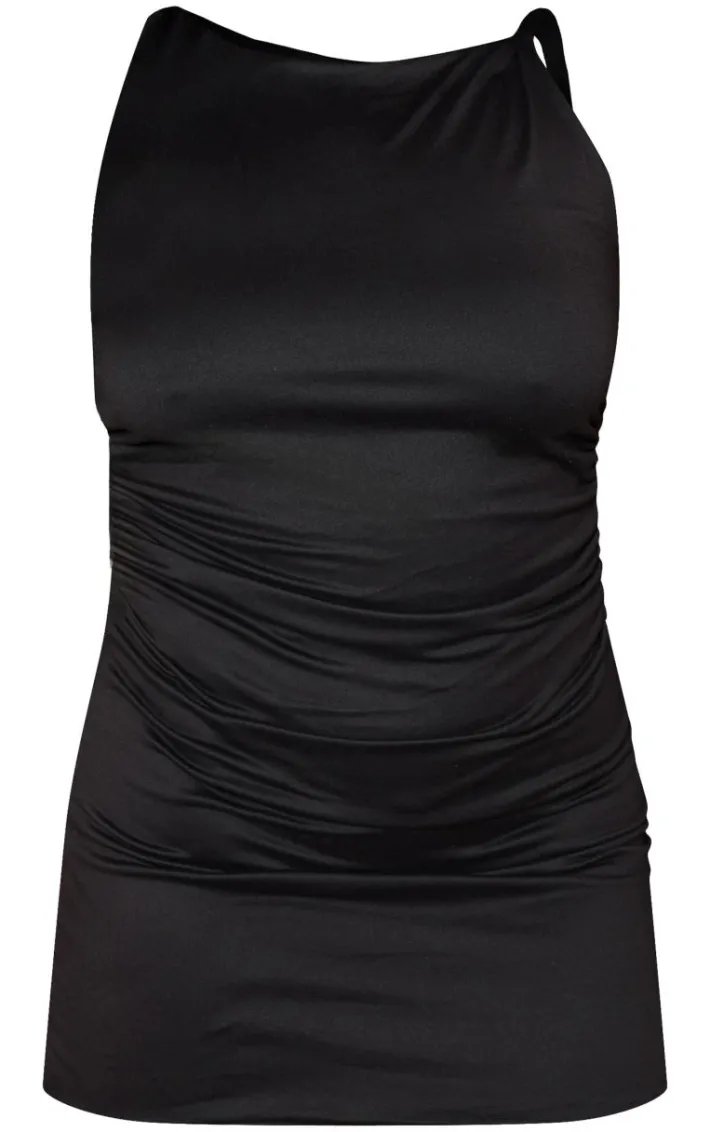 Plus Black Double Contour Twist Strap Ruched Bodycon Dress