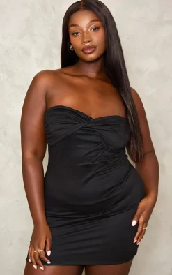 Plus Black Double Contour Twist Bandeau Ruched Bodycon Dress