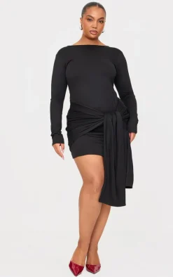 Plus Black Double Contour Long Sleeve Wrap Detail Bodycon Dress
