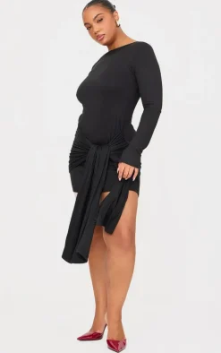 Plus Black Double Contour Long Sleeve Wrap Detail Bodycon Dress