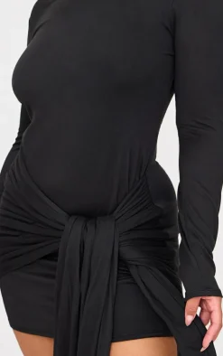 Plus Black Double Contour Long Sleeve Wrap Detail Bodycon Dress
