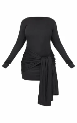 Plus Black Double Contour Long Sleeve Wrap Detail Bodycon Dress