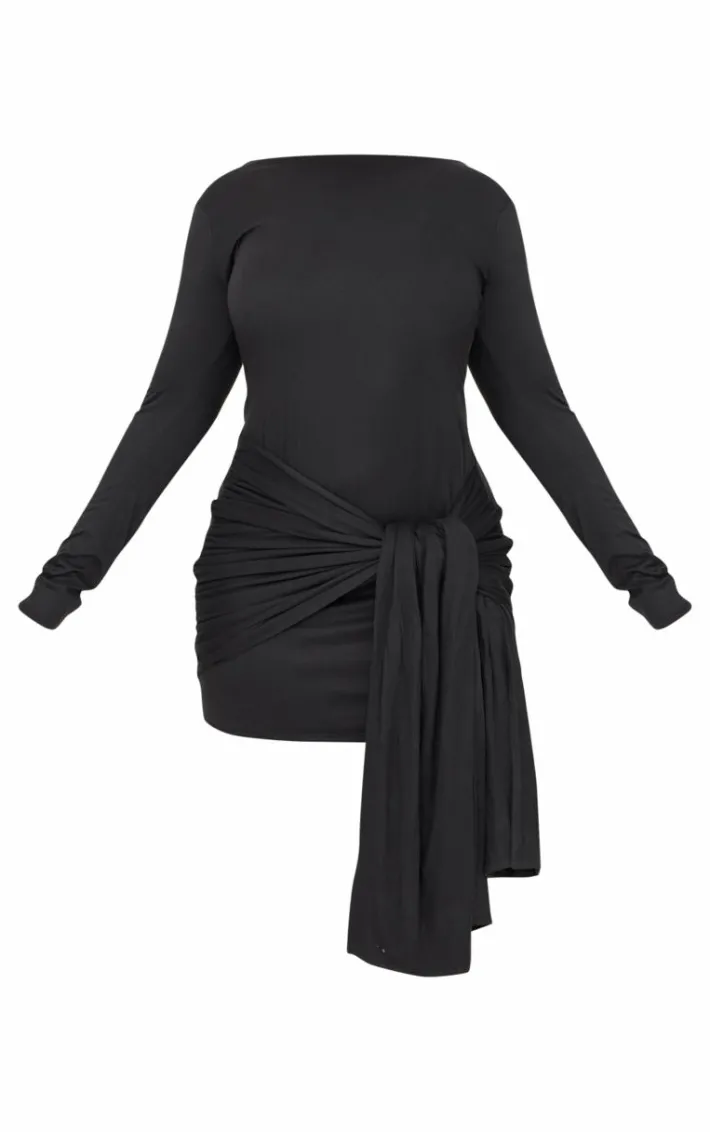Plus Black Double Contour Long Sleeve Wrap Detail Bodycon Dress