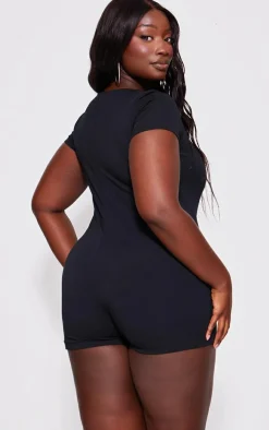 Plus Black Double Layer Contour Jersey Square Neck Unitard