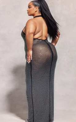Plus Black Embellished Mesh Backless High Neck Maxi Dress