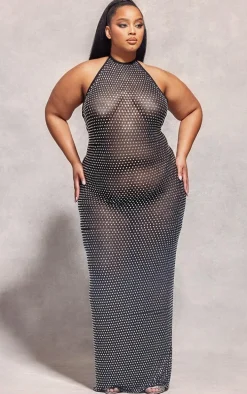 Plus Black Embellished Mesh Backless High Neck Maxi Dress