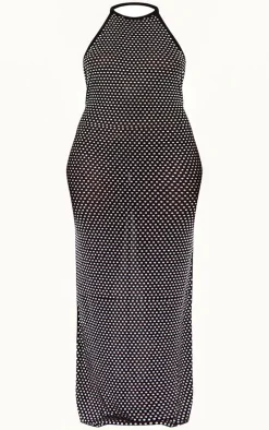 Plus Black Embellished Mesh Backless High Neck Maxi Dress