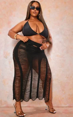 Plus Black Extreme Distressed Knitted Maxi Skirt