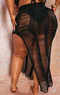 Plus Black Extreme Distressed Knitted Maxi Skirt