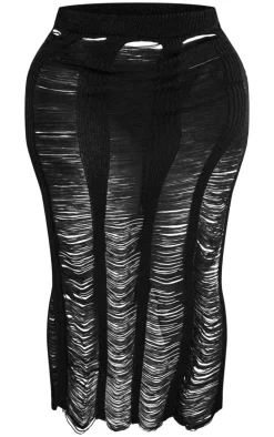 Plus Black Extreme Distressed Knitted Maxi Skirt